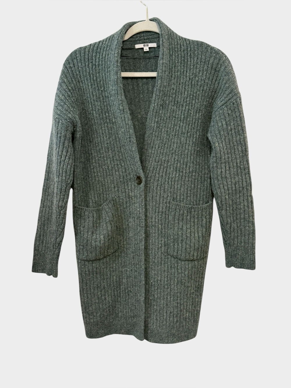 Uniqlo XS Teal Ribbed Longline Wool Cardigan One Button Minimalist Sweater